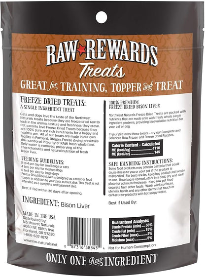 Northwest Naturals Raw Rewards Freeze-Dried Bison Liver Treats for Dogs and Cats - Bite-Sized Pieces - Healthy, 1 Ingredient, Human Grade Ingredients, All Natural, Proudly Made in USA, 3 Oz