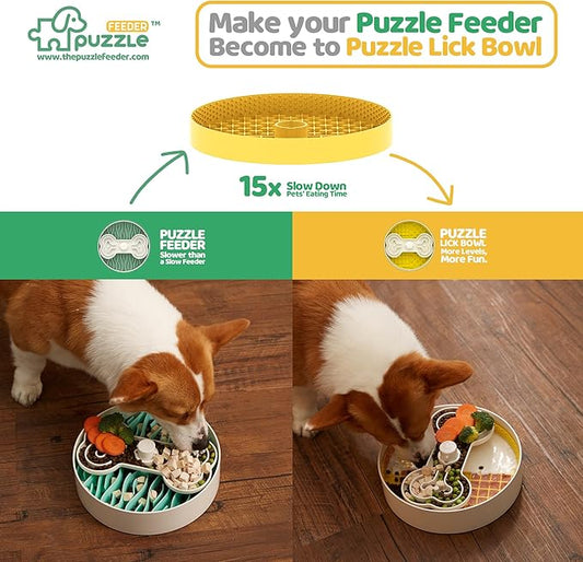 Puzzle Feeder Insert, Transform Your Dog's Bowl to Slow Feeder, 6 Cup 9.8 Inch Yellow