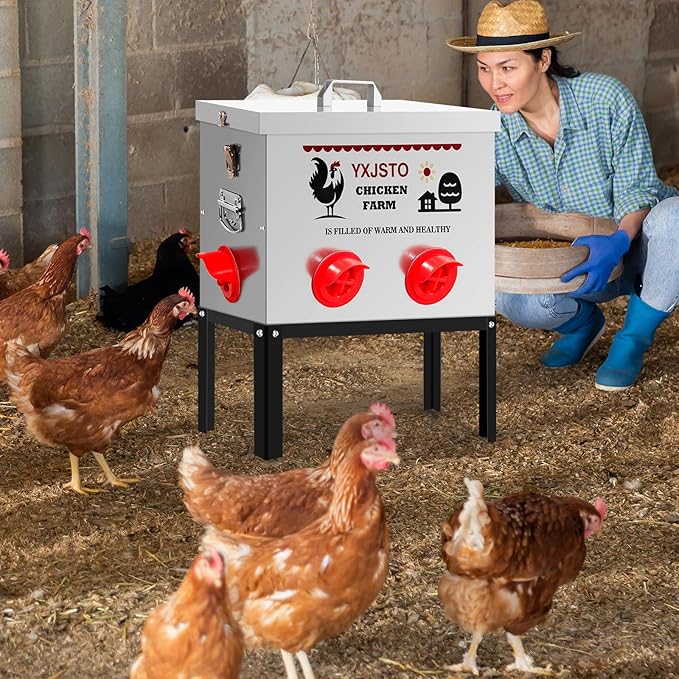 YXJSTO 40LB 6 Ports Large Automatic Chicken Feeder, No-Waste Metal Poultry Feeder, Chicken Feeder Box with Adjustable Legs & Locking Lid