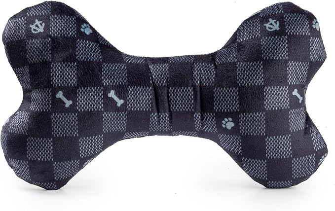 Haute Diggity Dog Black Checker Chewy Vuiton Bone, Plush Designer Dog Toys with Interactive Squeaker, Stimulating Pet Enrichment, Machine-Washable & Safe Materials for All Breeds, Size XL