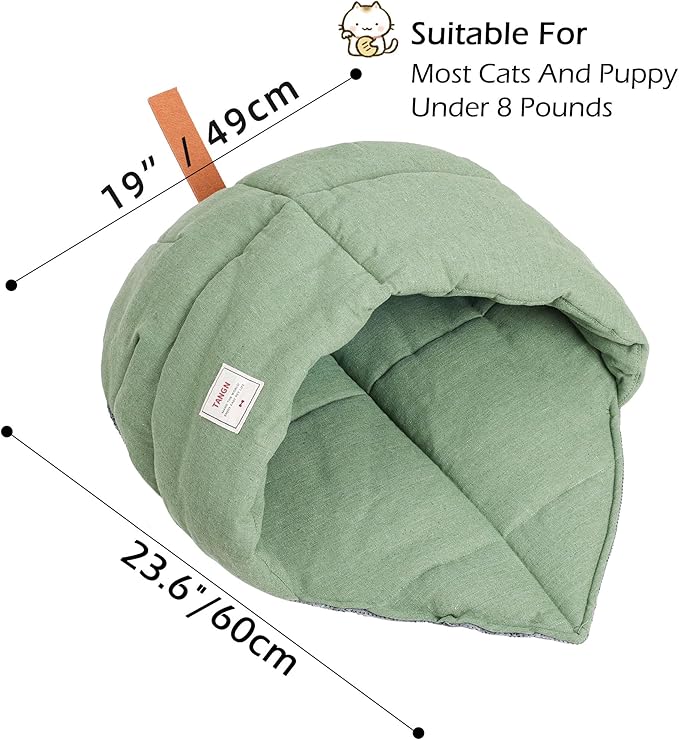 Cat Sleeping Bag,Linen Fabric Cat Bed Cave Leaf Nest Pet Cuddle Zone Covered Hide Hood Burrowing Cozy Soft Durable Washable with Non-Slip Bottom for Indoor Puppy and Kitten (Green)
