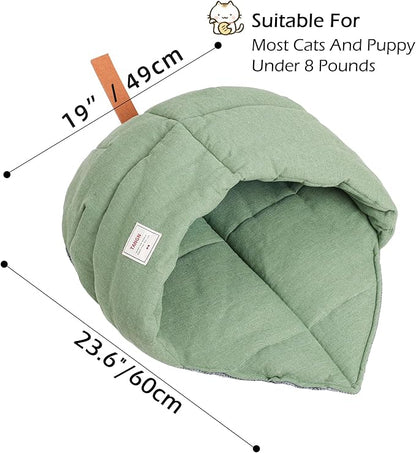 Cat Sleeping Bag,Linen Fabric Cat Bed Cave Leaf Nest Pet Cuddle Zone Covered Hide Hood Burrowing Cozy Soft Durable Washable with Non-Slip Bottom for Indoor Puppy and Kitten (Green)
