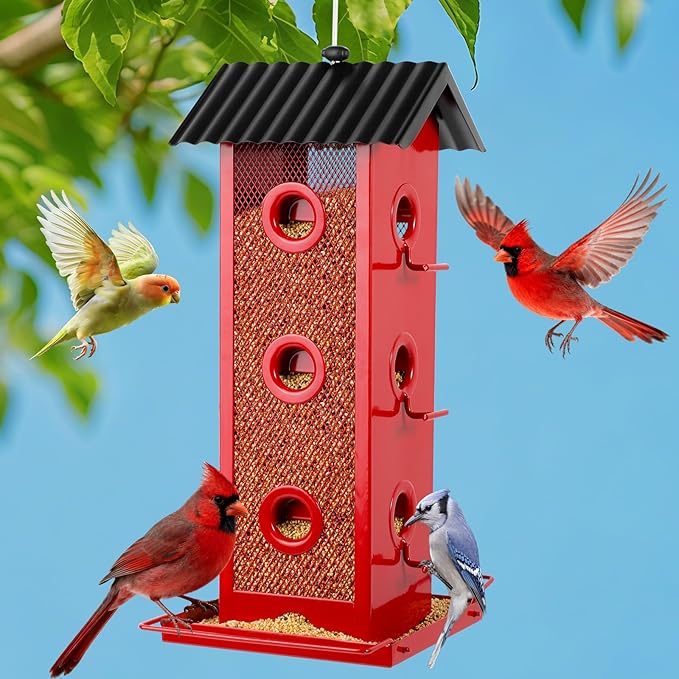 Shineforu All Metal Bird Feeder for Outdoors Hanging | 14-Port Multi-Bird Viewing | Rust-Proof, Waterproof & Easy-Clean | Attracts Cardinals, Finches, Chickadees & More (Elegant Red & Black)
