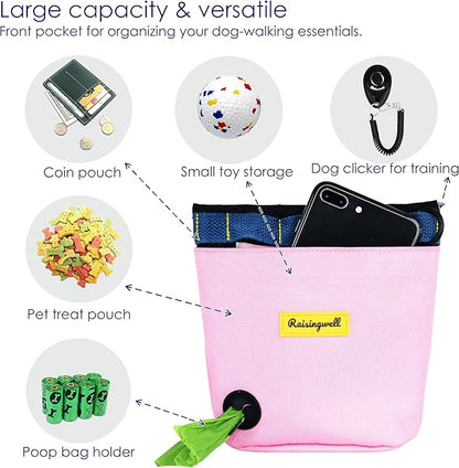 Dog Treat Pouch for Pet Walking and Training with Clicker 2 Cup Silicone Bag Small Fanny Pack Holder for Puppy Snack Dispenser Kit for Leash and Outdoor Use (Pink)
