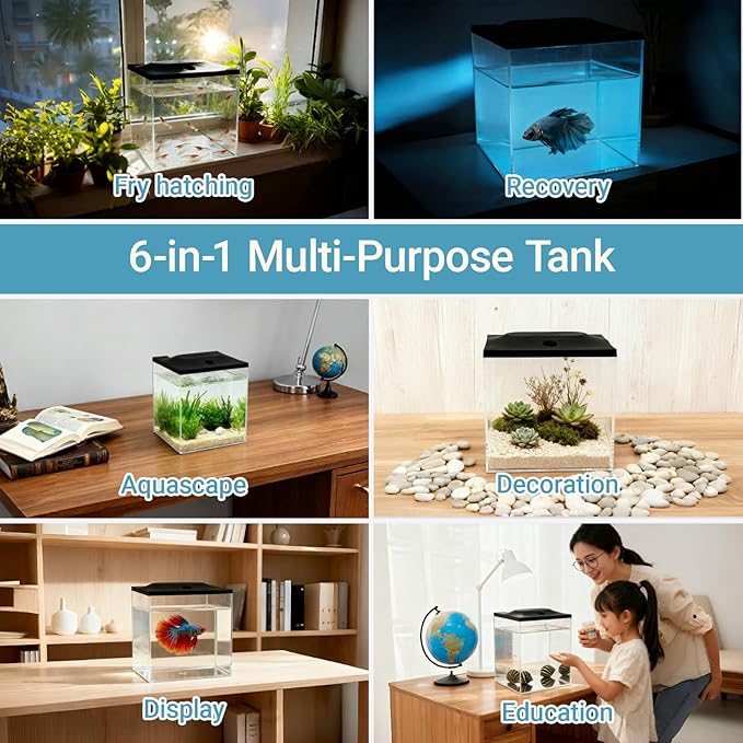 SW PRODUCTS 0.8-Gallon Cube Fish Bowl, Shatterproof Plastic Fish Bowl with LED Lighting, Temporary Fish Tank for Isolation, Decoration & Education