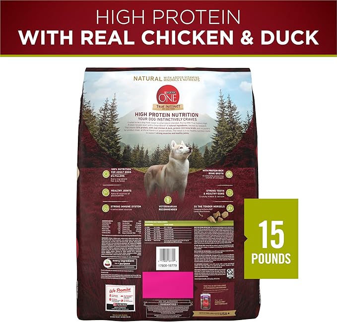 Purina ONE True Instinct High Protein Dry Dog Food Formula with Real Chicken and Duck Natural with Added Vitamins and Minerals Dog Food - 15 lb. Bag