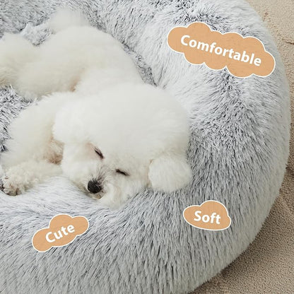 WNPETHOME Calming Dog Bed Cat Bed Donut, Faux Fur Pet Bed Self-Warming Donut Cuddler, Comfortable Round Plush Dog Beds(20 x 20 x 8 Inch, Light Grey)