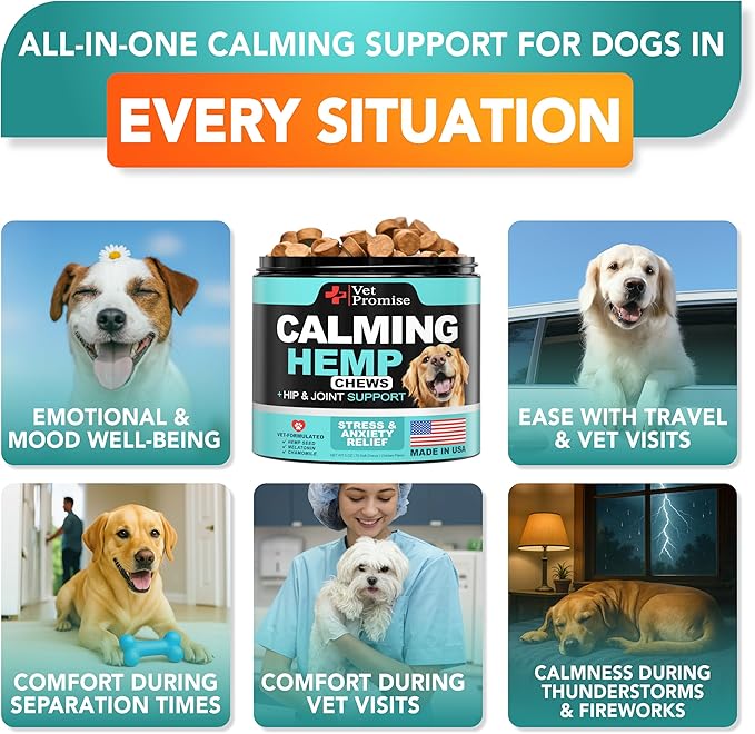 Advanced Calming Chews for Dogs - Hemp Dog Calming Chews - Anxiety Relief with Melatonin - Stress & Separation Anxiety - Sleep Aid + Hip and Joint Supplement Support - Made in USA - 70 Treats