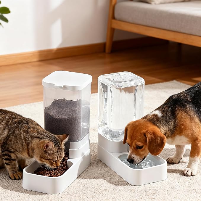 2 PCS Automatic Cat Feeder，Dog Water and Food Bowl Dispenser,cat Food and Water Dispenser,3.8L Gravity Storage and 2.1KG Grain Storage Combination Pet Feeder,Cat Water Fountain.
