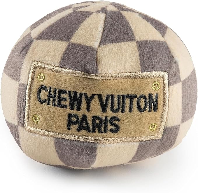 Haute Diggity Dog Checker Chewy Vuiton Ball, Plush Designer Dog Toys with Interactive Squeaker, Stimulating Pet Enrichment, Machine-Washable & Safe Materials for All Breeds, Size Small