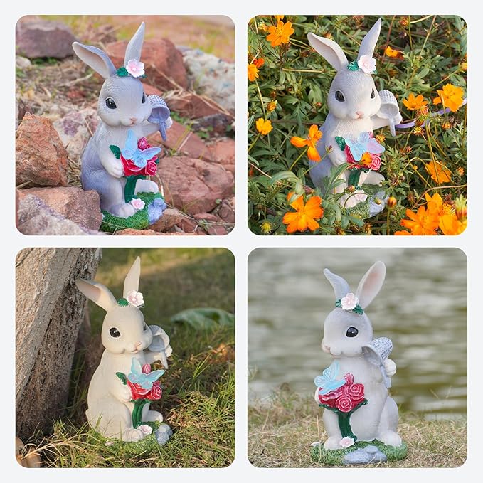 NYUWOAURC Garden Statues Rabbit with Solar Light,Bunny Outdoor Garden Decor Ornaments for Patio Yard Art,Birthday Easter House Warming Garden Gift for Women Mom,Resin Animal Figurine with Wider Base