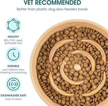 vancasso Slow Feeder Dog Bowl, 0.6 Cups Ceramic Dog Food Dish for Fast Eaters Small Breed, Puzzle Bowl for Small Dogs and Cats, Khaki