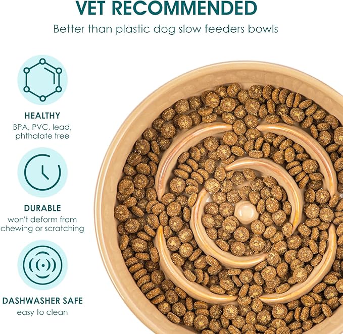 vancasso Slow Feeder Dog Bowl, 1.5 Cups Ceramic Slow Feeder for Medium Breed, Puzzle Maze Dog Food Bowl for Fast Eater, Khaki
