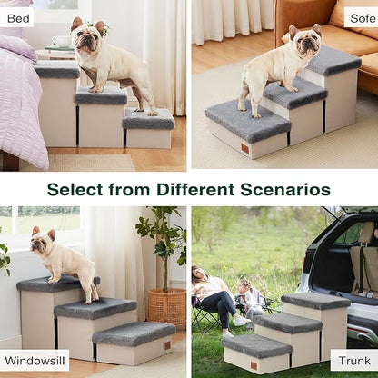 Love's cabin Dog Stairs for High Bed 18" H,3 Steps with Furry Lids Pet Stairs for Small Medium Large Dogs,Foldable Cat Ramp with Zip up to 200 lbs,Grey