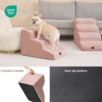 EHEYCIGA Curved Dog Stairs Ramp for Small Dogs 15.7" H, 3-Step Dog Steps for Couch Sofa and Chair, Pet Stairs for Cats, Non-Slip Balanced Pet Steps Indoor, Dusty Pink