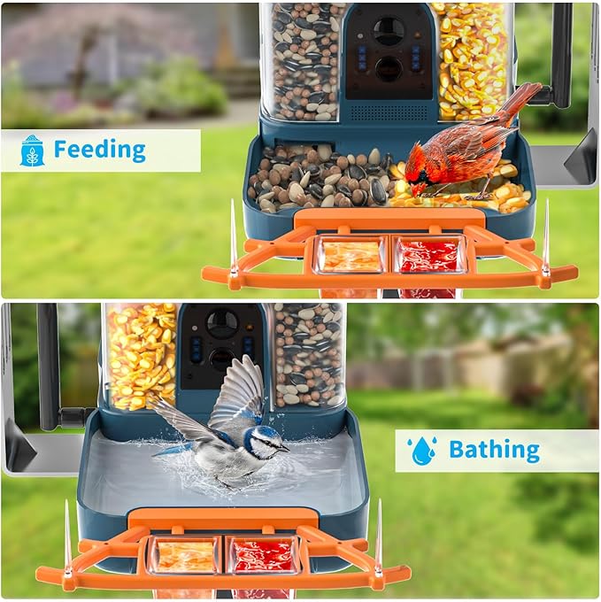 Bird Feeder with Camera and Bird Bath for Outdoors, Dual-Lens 2K HD Video with AI Identification, Solar Powered, Instant Alerts, IP66 Weatherproof