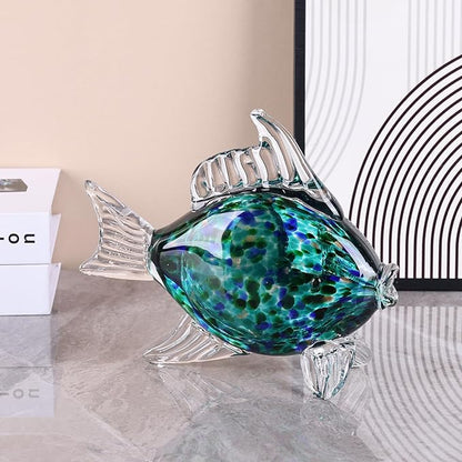 LCCCK Large Hand Blown Glass Fish Figurines, Aquarium Sea Glass Art, Fish Statue Sculpture Modern Coastal Accent - for Beach Knick Knacks, Coffee Tables, Nautical Offices Centerpiece (Teal)