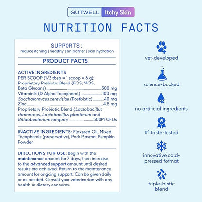GutWell Itchy Skin - Dog Itching Skin Relief & Seasonal Allergy Itch Relief for Dogs - Promotes Skin Hydration, Elasticity & Healthy Barrier with Triple-biotic Blend, Zinc, & Vitamin E - 60 Scoops