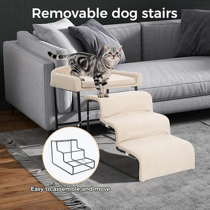 Dog Window Perch with Stairs - Pet Stairs with Seat Bedside Lounge Elevated Pet Bed Non-Slip Dog Window Seat with Sturdy Metal Frame Multi-Level Platform with Foam Upholstery