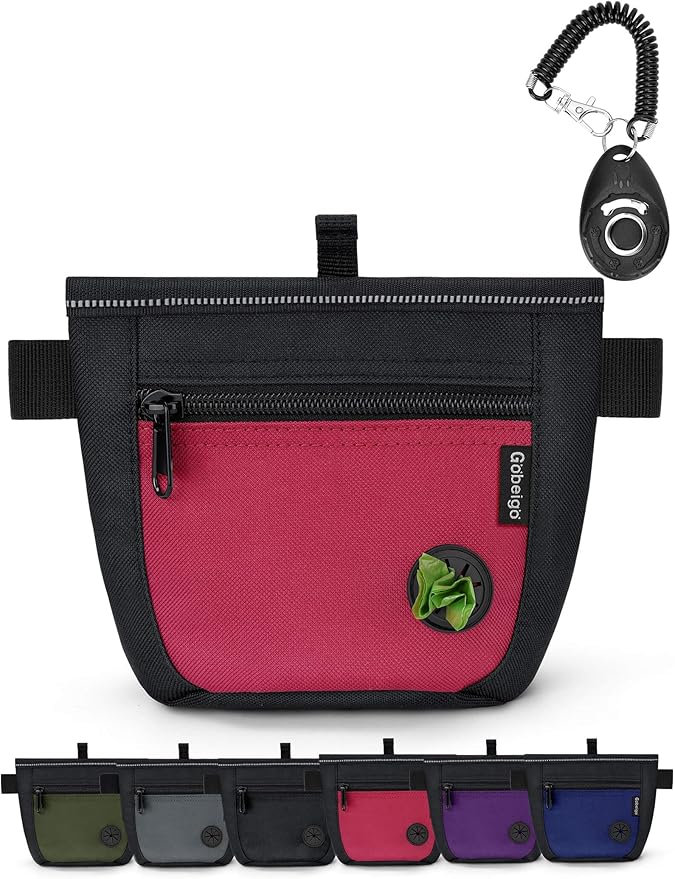 Gobeigo Dog Treat Pouch and Training Clicker, Upgrade Two Magnetic Closure to Prevent Spills, 2 Cup Treat Bag with Poop Bag Dispenser, Metal Clip Waist Belt Fanny Pack for Pet Walk (Black/Red)