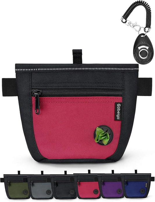 Gobeigo Dog Treat Pouch and Training Clicker, Upgrade Two Magnetic Closure to Prevent Spills, 2 Cup Treat Bag with Poop Bag Dispenser, Metal Clip Waist Belt Fanny Pack for Pet Walk (Black/Red)
