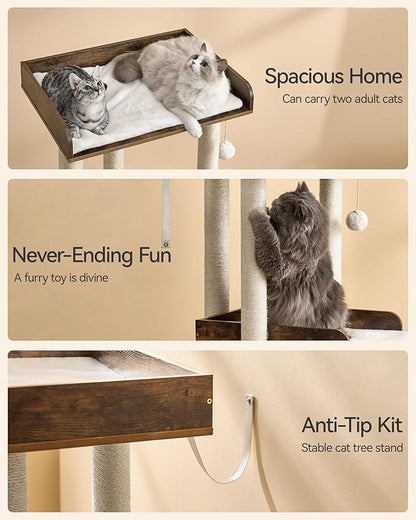 FourFurPets 43.7" Cat Tree, Modern Cat Tree Tower, Cat Tower for Indoor Cats Large Adult, Cat Condo with Scratching Post, Large Perch and Removable Pads,Rustic Brown