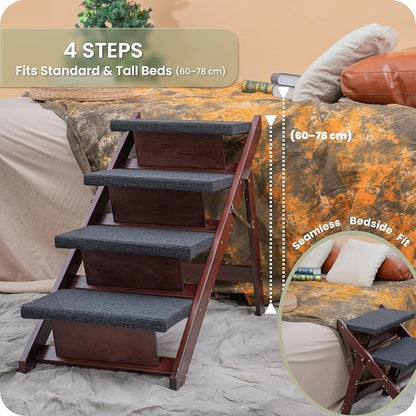 MEWANG Wooden Pet Stairs/Pet Steps - 3-in-1 Foldable Stairs & Ramp for Tall Beds and Cars - Portable Dog/Cat Ladder Up to 220 Pounds - for Small and Older Animals(Brown) (31.5" L x 17.2" W x 25.0" H)
