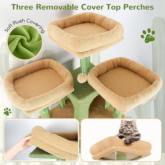 Globlazer Big Cactus Cat Tower for Indoor Cats, 80inch Cat Tower for Multiple Adult Cats XXL Cat Tree with Scratching Post, Hammock, 3 Perches, 2 Condos, 2 Hanging Basket, F80, Green