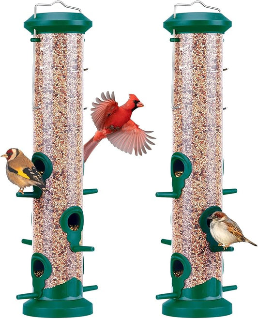 Kingsyard 2 Pack Tube Bird Feeders for Outdoors Hanging, Premium Hard Plastic Bird Feeder with 6 Feeding Ports, Weatherproof & Steel Hanger, Attracting for Wild Birds (Green)