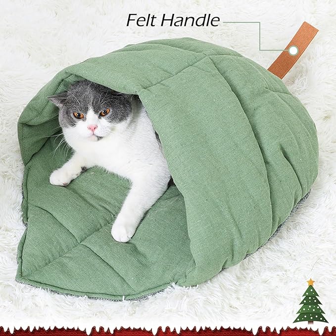 Cat Sleeping Bag,Linen Fabric Cat Bed Cave Leaf Nest Pet Cuddle Zone Covered Hide Hood Burrowing Cozy Soft Durable Washable with Non-Slip Bottom for Indoor Puppy and Kitten (Green)