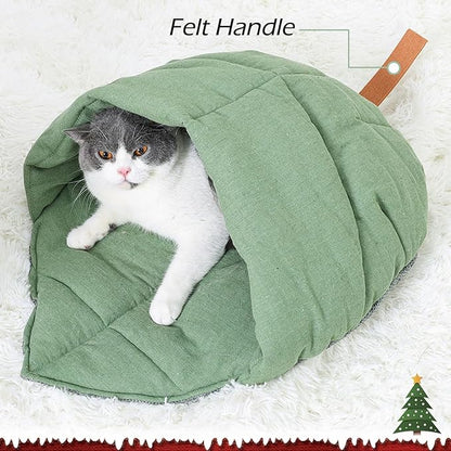 Cat Sleeping Bag,Linen Fabric Cat Bed Cave Leaf Nest Pet Cuddle Zone Covered Hide Hood Burrowing Cozy Soft Durable Washable with Non-Slip Bottom for Indoor Puppy and Kitten (Green)