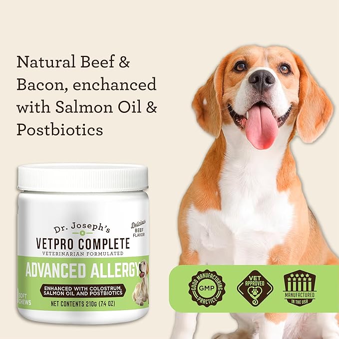 VetPro Advanced Allergy and Itch Support for Dogs - Supports Seasonal Allergies, Itchy Skin, & Immunity - Enhanced with Salmon Oil, Probiotics & Colostrum for Allergies, Immune Support, & Gut Health