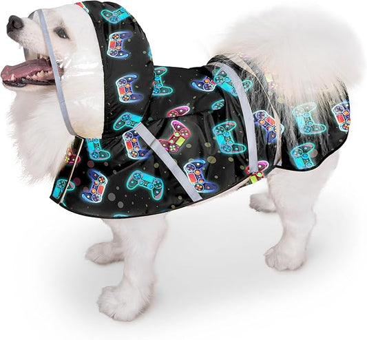 Dog Raincoat, Adjustable Rain Jacket with Hooded Double Layer for Large Medium Small Dogs Puppies, Lightweight Waterproof Rain Coat Poncho with Reflective Stripe Game Controller Black,M