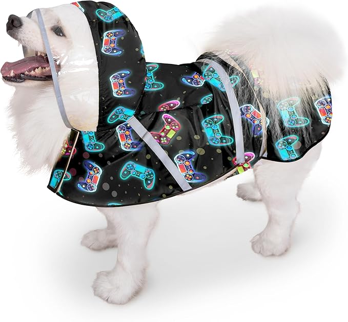 Dog Raincoat, Adjustable Rain Jacket with Hooded Double Layer for Large Medium Small Dogs Puppies, Lightweight Waterproof Rain Coat Poncho with Reflective Stripe Game Controller Black,XXL