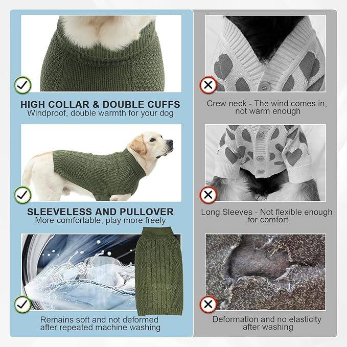 XL Dog Sweater, Classic Cable Knit Warm Dog Sweatshirt with Reflective Yarn for Girl Boy, Halloween Fall Winter Coat Turtleneck Pullover Clothes Apparel for Small Medium Large Dogs, Green XL