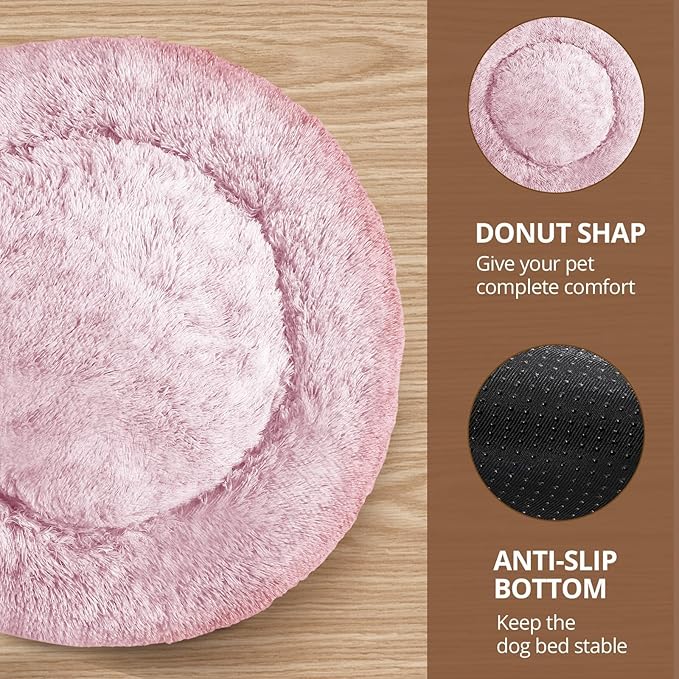 JOLLYVOGUE Small Dog & Cat Beds for Indoor Cats, Donut Cuddler Warming Soft Dog Beds with Anti-Slip Bottom, Round Calming Fluffy Plush Faux Fur Cushion Bed for Small Dogs (23", Smoke Pink)