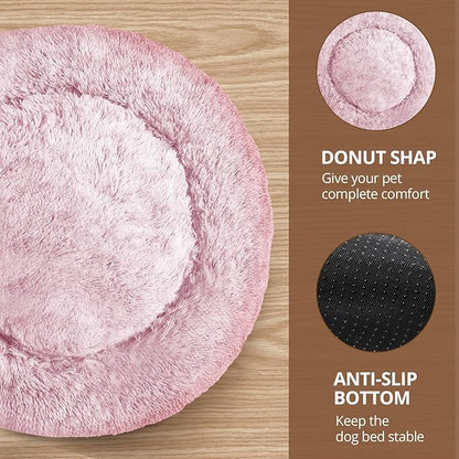 JOLLYVOGUE Small Dog & Cat Beds for Indoor Cats, Donut Cuddler Warming Soft Dog Beds with Anti-Slip Bottom, Round Calming Fluffy Plush Faux Fur Cushion Bed for Medium Dogs (27", Smoke Pink)