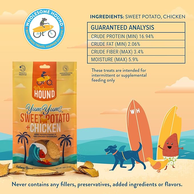 Wholesome Hound- Healthy Dog Treats- Chicken Chips & Sweet Potato, 2 Simple Ingredient Recipe, Lean 100% All Natural Dog Training Treats for Small Medium Large Breeds & Puppies, Made in USA- 4oz