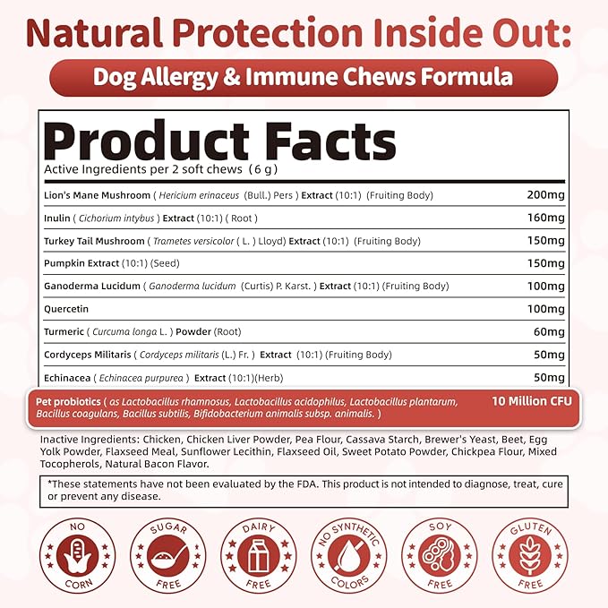 Dog Allergy Chews, Probiotics Supplement for Dogs Seasonal Allergies & Immune Support & Gut Health Pro, Mushroom Soft Chews for Joint, Energy, Itching Skin Support, Bacon Flavor - 90 Count