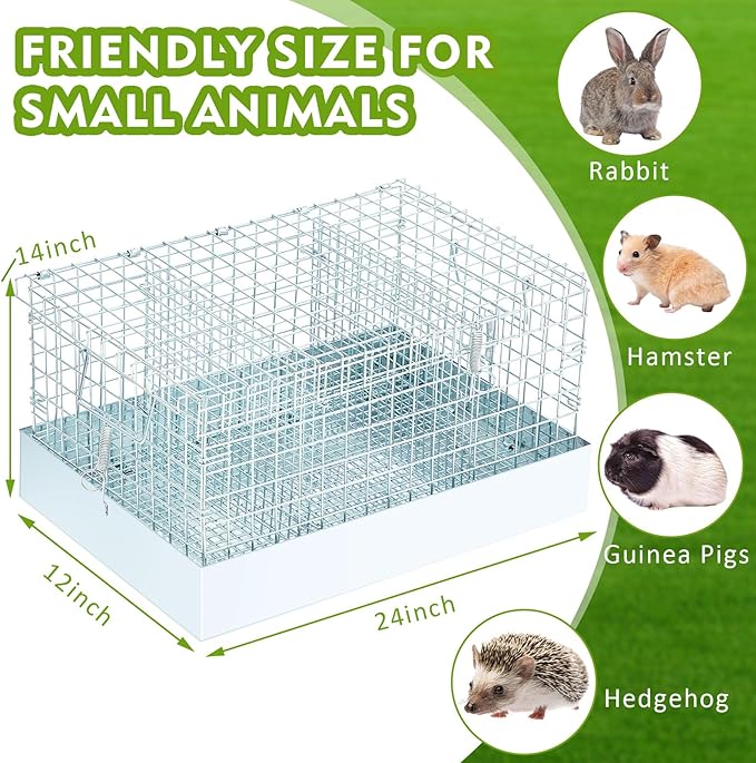 DoubleFill 3 Hole Folding Rabbit Cage, Portable Bunny Carrier with Tray and Handles for Transport, Trave or Temporary Housing, Indoor Outdoor Pet Habitat Animal Enclosure (Sliver,24 x 14 x 12 in)