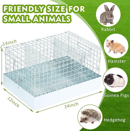 DoubleFill 3 Hole Folding Rabbit Cage, Portable Bunny Carrier with Tray and Handles for Transport, Trave or Temporary Housing, Indoor Outdoor Pet Habitat Animal Enclosure (Sliver,24 x 14 x 12 in)
