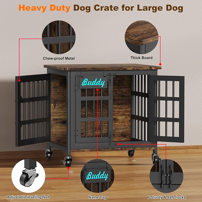 EasyCom Heavy Duty Dog Kennel Indoor with Name Tag, 27" Dog Crate Furniture for Small Dogs, Double-Doors Sturdy Metal Dog Cage for Anxiety Dog