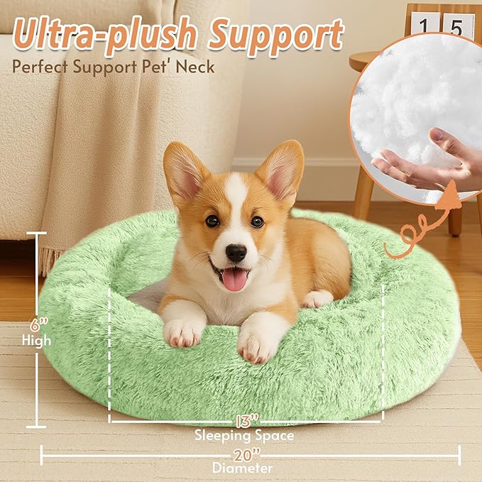 JOLLYVOGUE Small Dog & Cat Beds for Indoor Cats, Donut Cuddler Warming Soft Dog Beds with Anti-Slip Bottom, Round Calming Fluffy Plush Faux Fur Cushion Bed for Small Dogs (20", Light Green)