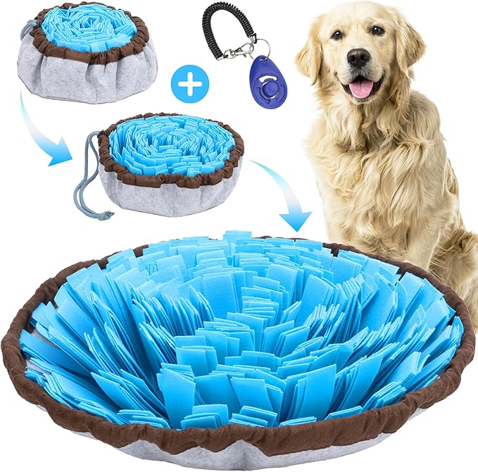 18 Inch Snuffle Mat for Dogs with Pet Training Clicker and Suction Cup – Interactive sniff mat and Slow Feeder, snuffle toys for dogs Stress Relief – Washable Puzzle Toy for Large and Small Breeds