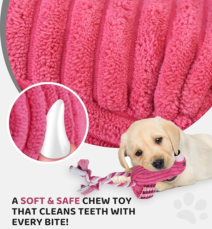 Squeaky Dog Toys - Plush Dog Toys with Soft Durable Fabric for Small Medium Large Breeds, Interactive Tug of War Rope Chew Toys, Teeth Cleaning, Dental Care, and Keep Dogs Busy (Flamingo-Red)