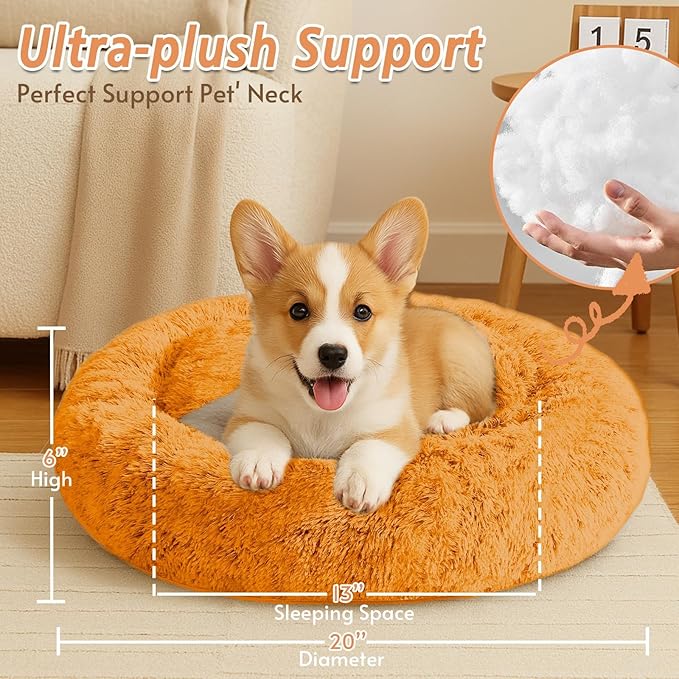 JOLLYVOGUE Small Dog & Cat Beds for Indoor Cats, Donut Cuddler Warming Soft Dog Beds with Anti-Slip Bottom, Round Calming Fluffy Plush Faux Fur Cushion Bed for Small Dogs (20", Orange)