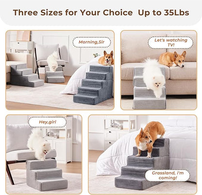 HYLEORY Dog Stairs for Bed 18''H, 4-Step Pet Stairs for Small Dogs Cats, Sturdy Pet Steps with Non-Slip Bottom, Functional Portable Dog Ramp for Couch/Chair/Sofa/Car, Storage Pocket, Grey-Light Grey
