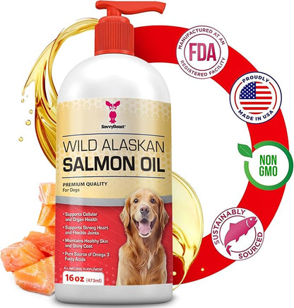SavvyBeast Wild Alaskan Salmon Oil for Dogs, Cats & Ferrets – Omega-3 Fish Oil Pet Supplement with EPA & DHA – Supports Skin, Coat, Joints, Heart, Brain, Itch Relief & Immune – Unscented – 16 oz