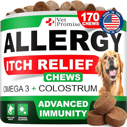 Dog Allergy Relief Chews - 170 Dog Allergy Chews - Itch Relief for Dogs - Anti Itch for Dogs - Dry & Itchy Skin - Allergies & Immune Support Supplement, Omega 3 Fish Oil, Colostrum - Made in USA