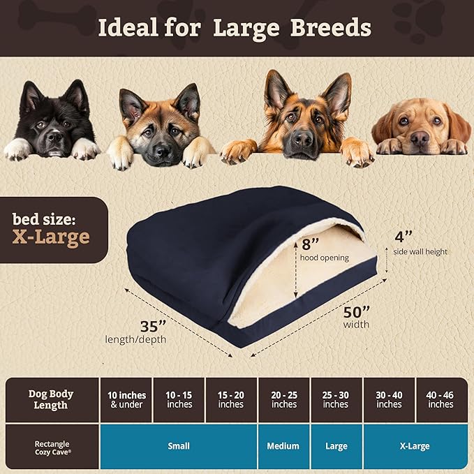 Snoozer Rectangle Cozy Cave Dog Bed - Indoor Dog Bed with Cover Cave, Covered Calming Burrow for Large Sized Pets with Blanket Attached, Enclosed, Washable Cover - XL, Navy